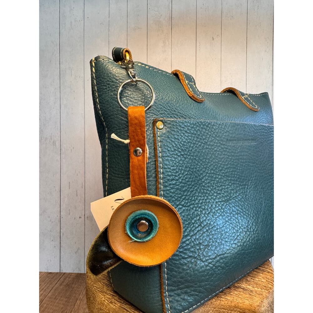 Genuine Leather Purse Charm Brown Light Blue Blue Keychain Bag Charm Accessory
